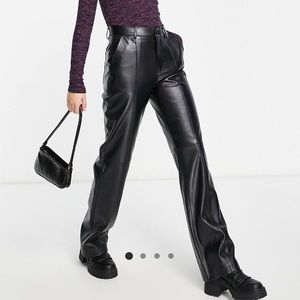 Pull&Bear straight leg faux leather pants with seam details in black